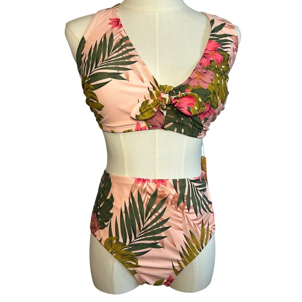 NWT Kona Sol Pink Green Triangle Bikini Swimsuit Set L D/DD Coquette Glam Boho